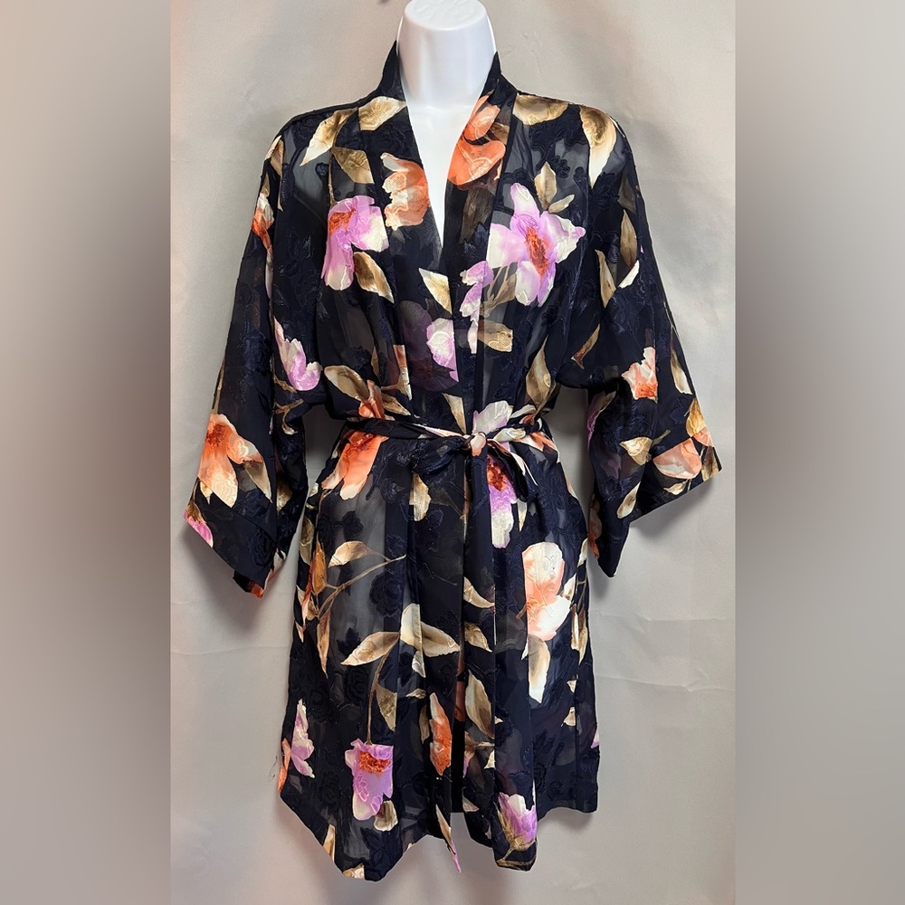 Vtg Expressions California Dynasty‎ Large Navy Blue Sheer Floral Kimono Robe